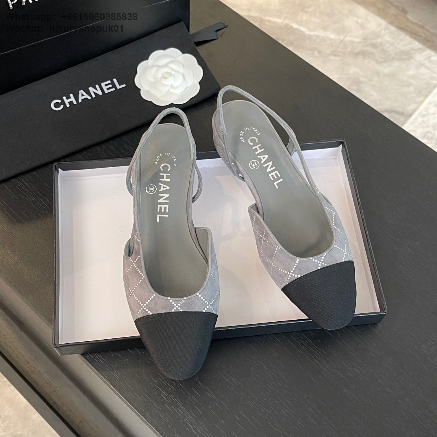 Women Chanel Leather Fabric Cap Toe Slingback Flats Sandals CC Logo Tweed Ballet Shoes