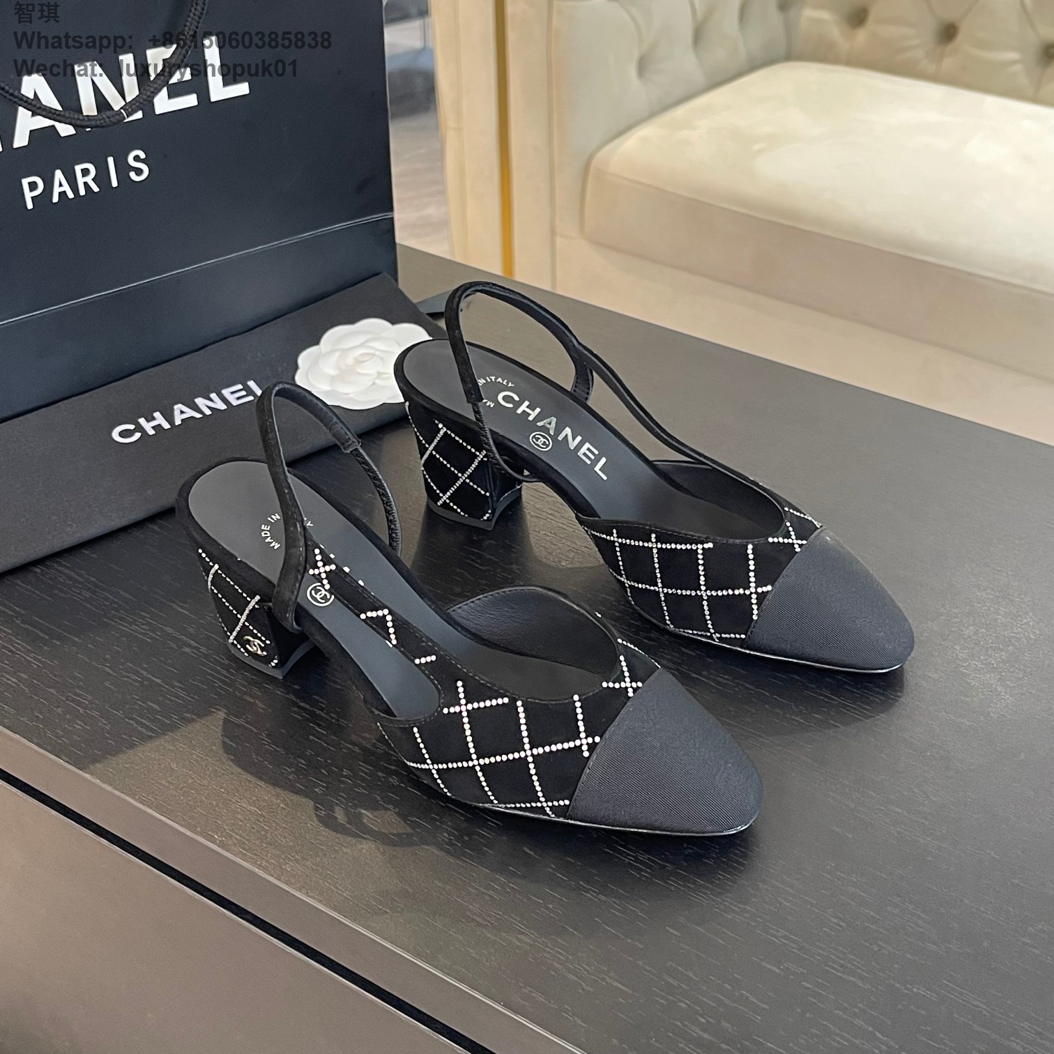 Women Chanel CC Logo Leather Tweed Slingbacks Pumps Heels Shoes