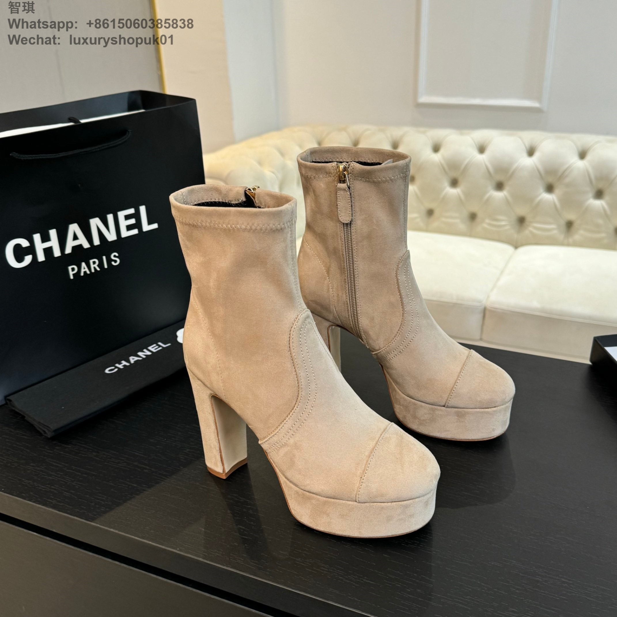 Women Chanel FALL-WINTER 2024 2025 SHORT BOOTS Platform Stretch Suede Calfskin Beige Shoes