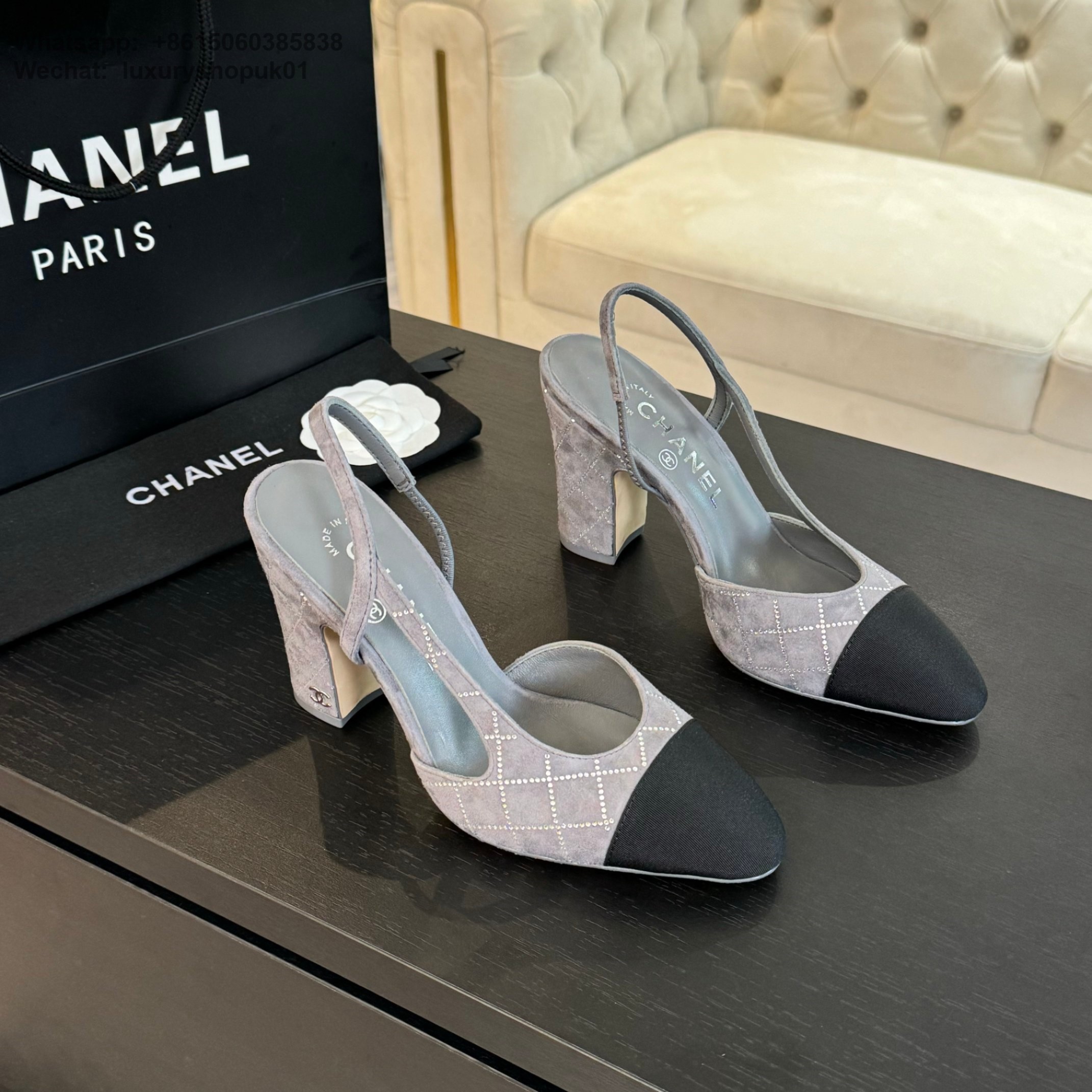 Women Chanel CC Logo Leather Tweed Slingbacks Pumps Heels Shoes