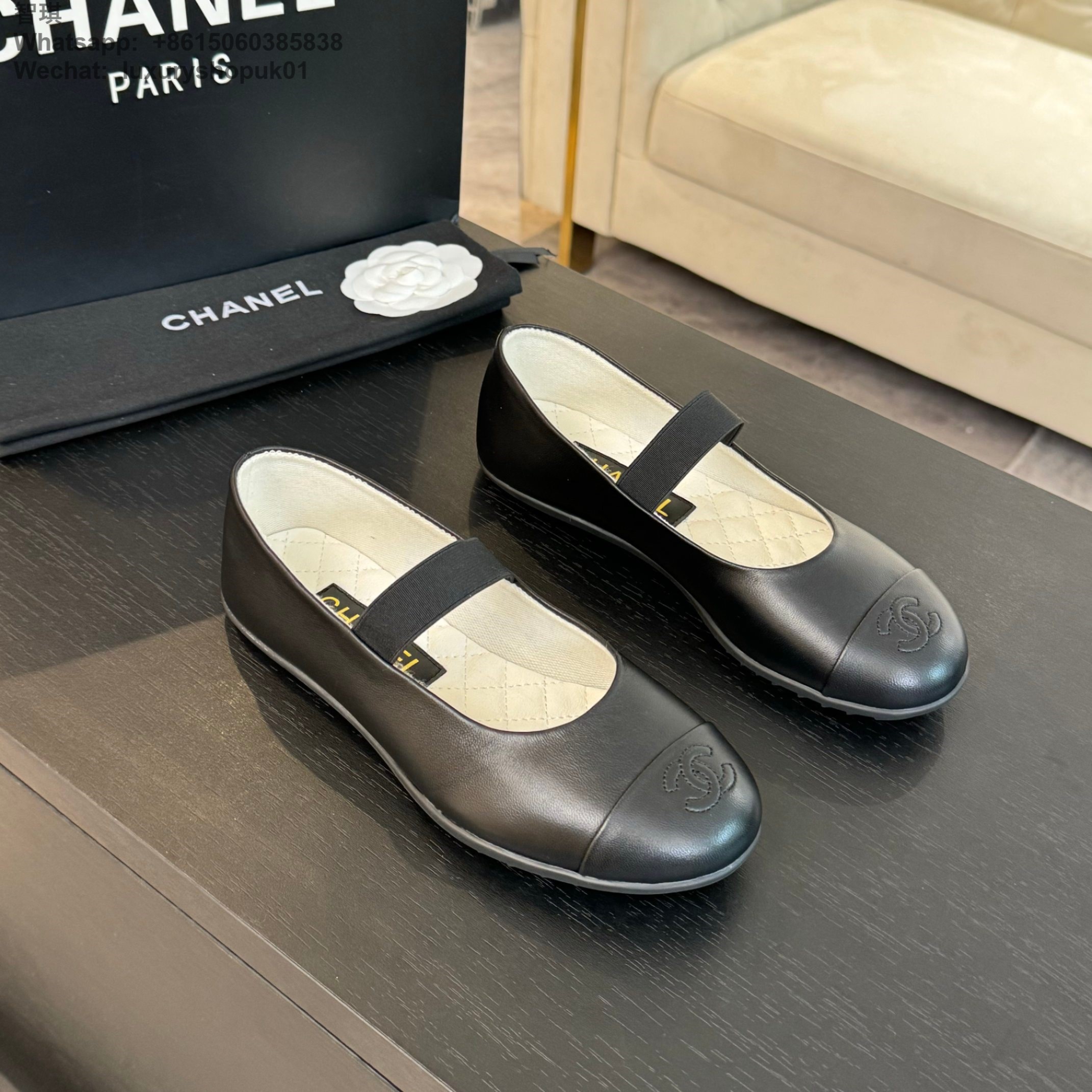 Women Chanel CC Logo Leather Ballet Flat Shoes