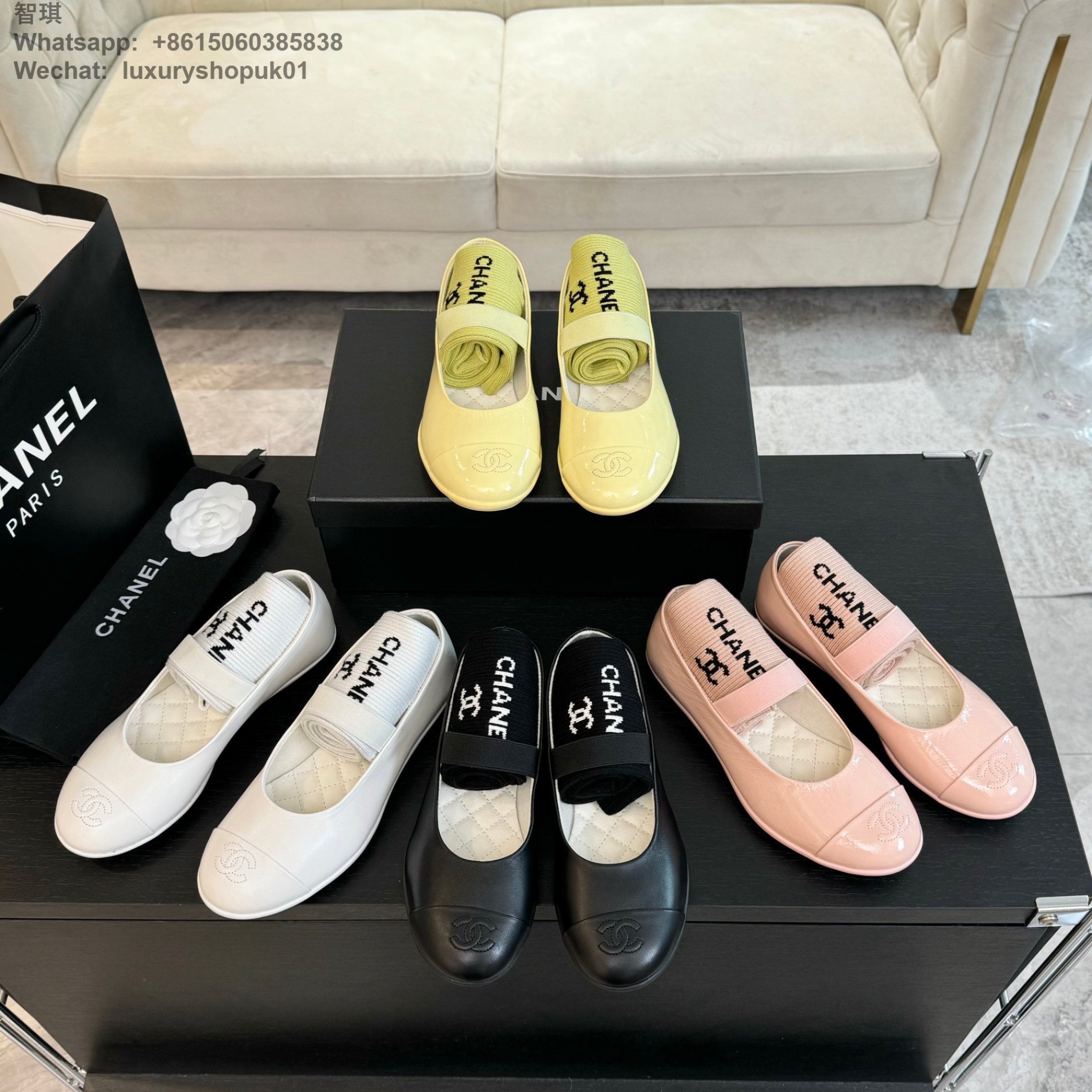 Women Chanel CC Logo Leather Ballet Flat Shoes