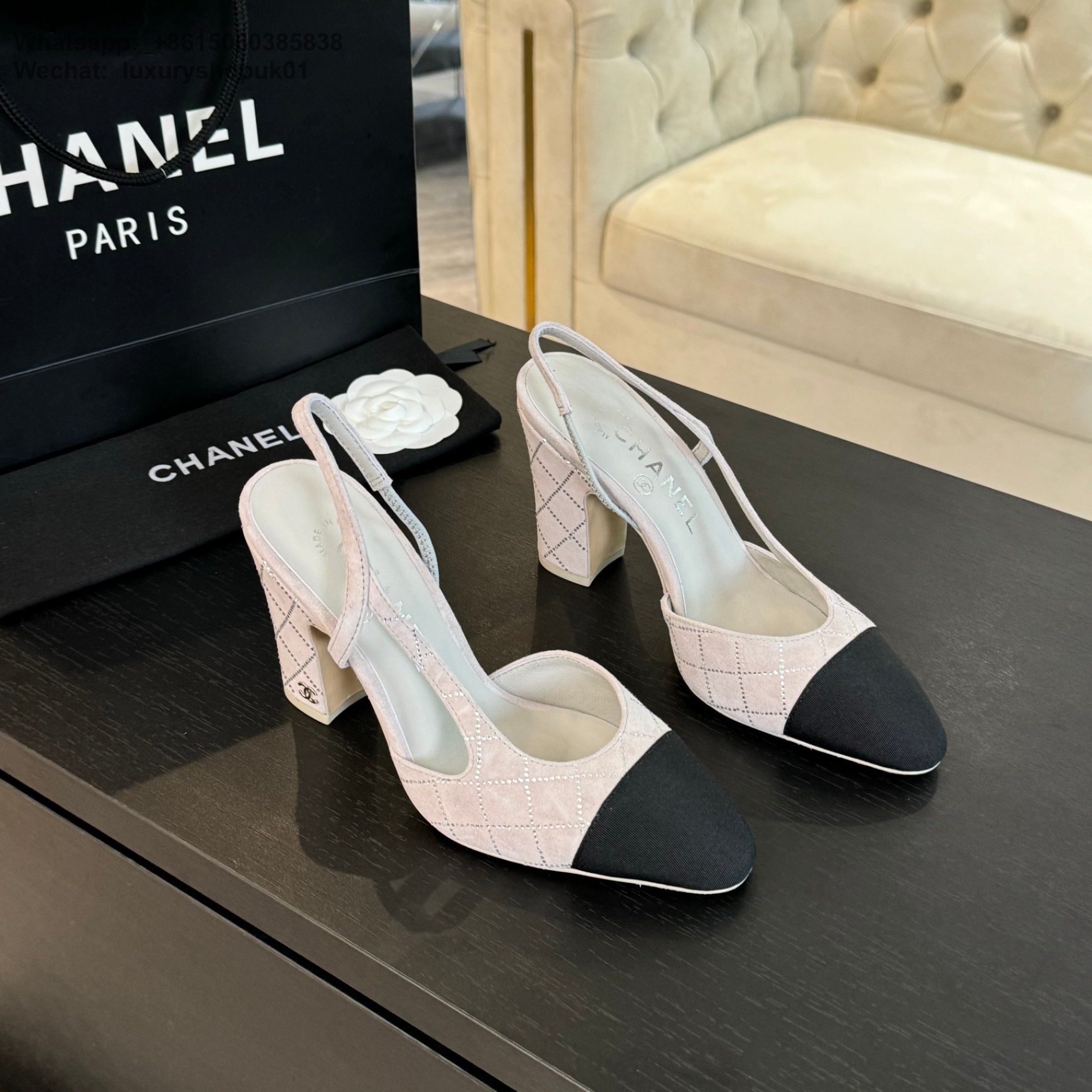 Women Chanel CC Logo Leather Tweed Slingbacks Pumps Heels Shoes 9cm