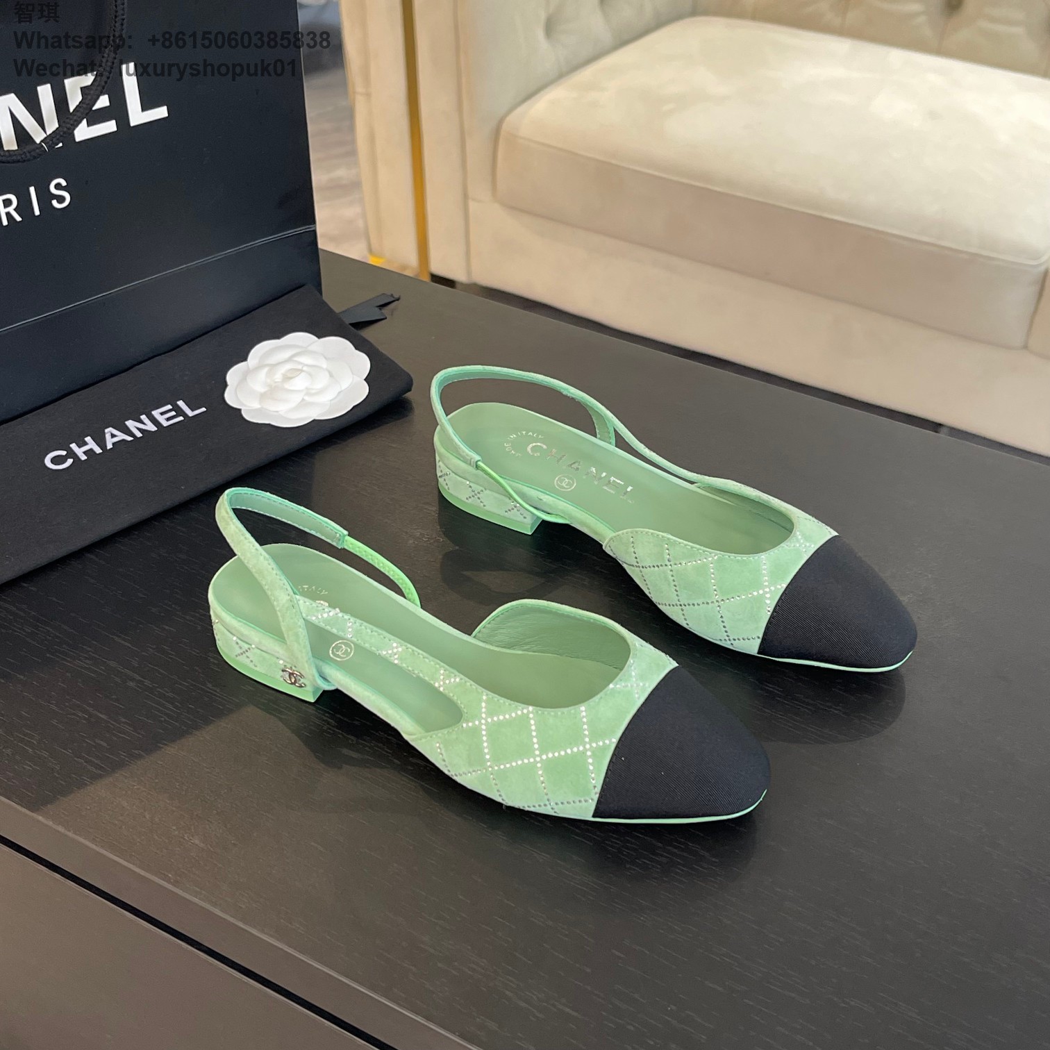 Women Chanel Leather Fabric Cap Toe Slingback Flats Sandals CC Logo Tweed Ballet Shoes