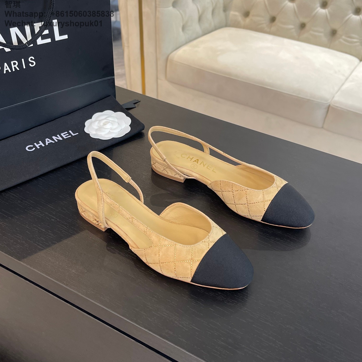 Women Chanel Leather Fabric Cap Toe Slingback Flats Sandals CC Logo Tweed Ballet Shoes