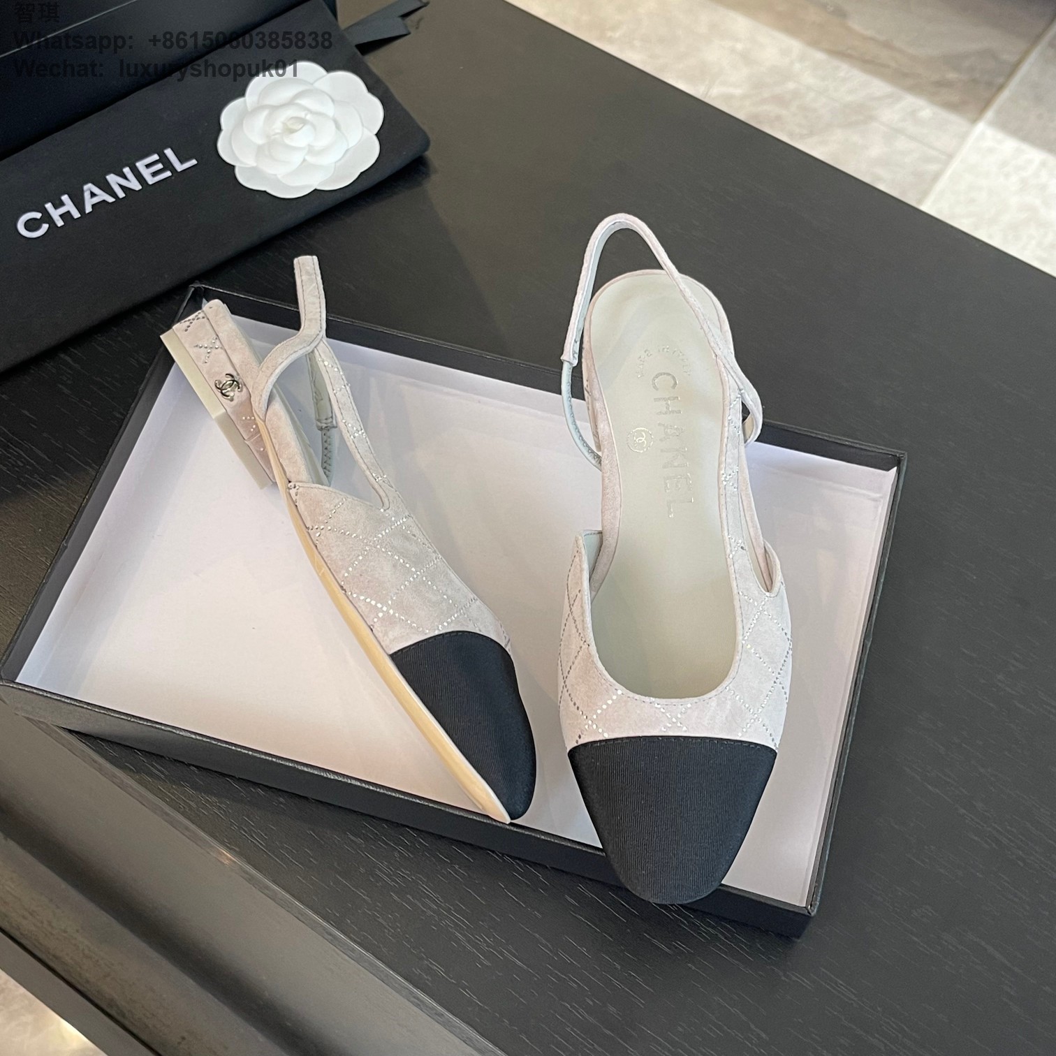 Women Chanel Leather Fabric Cap Toe Slingback Flats Sandals CC Logo Tweed Ballet Shoes