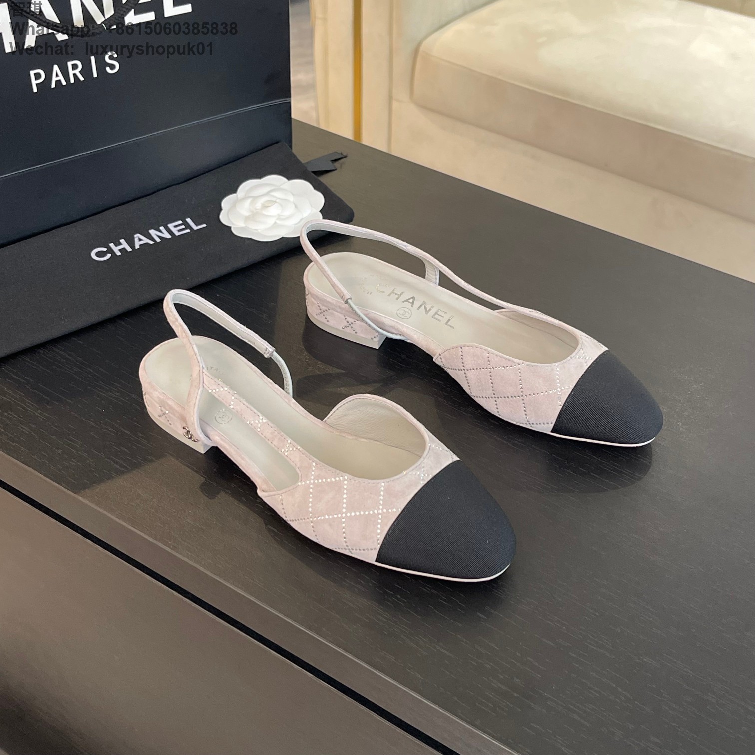 Women Chanel Leather Fabric Cap Toe Slingback Flats Sandals CC Logo Tweed Ballet Shoes