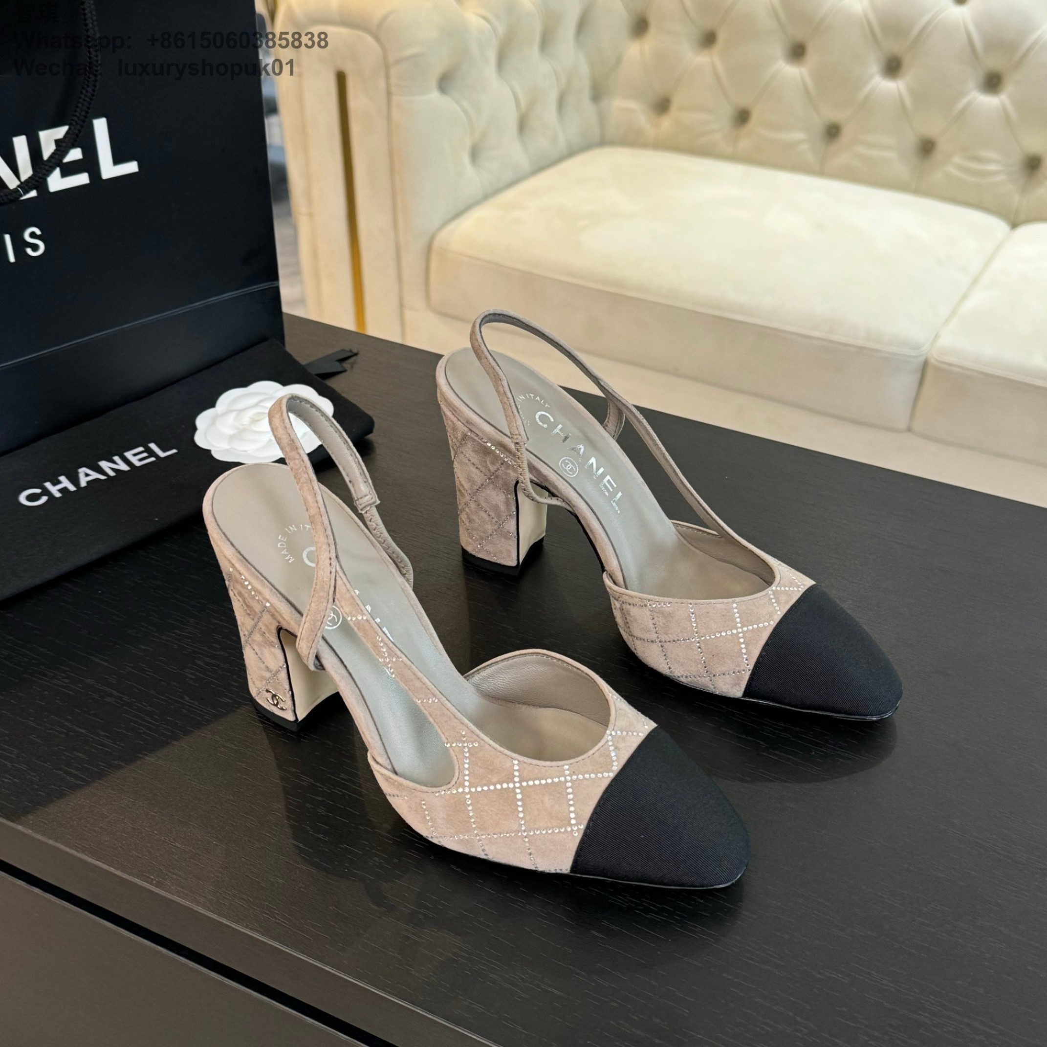 Women Chanel CC Logo Leather Tweed Slingbacks Pumps Heels Shoes