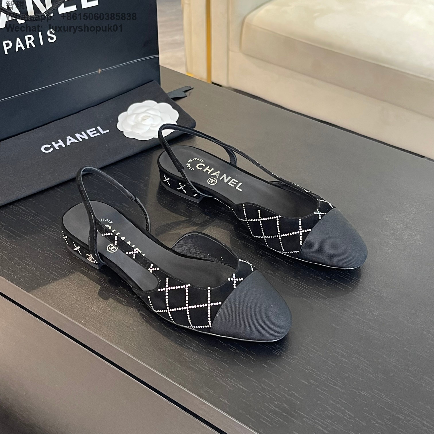 Women Chanel Leather Fabric Cap Toe Slingback Flats Sandals CC Logo Tweed Ballet Shoes