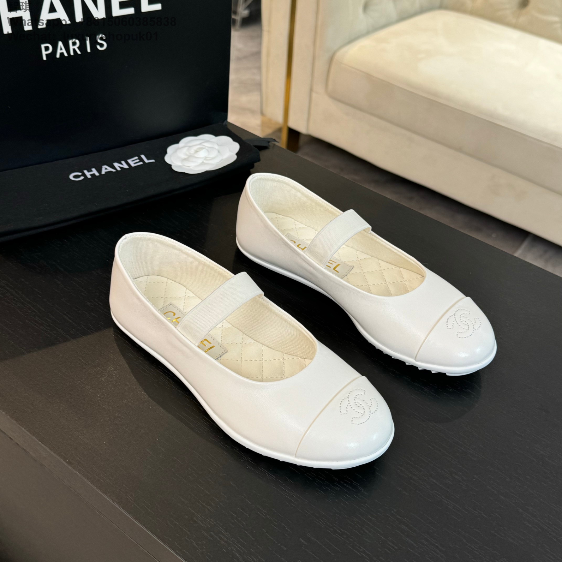 Women Chanel CC Logo Leather Ballet Flat Shoes