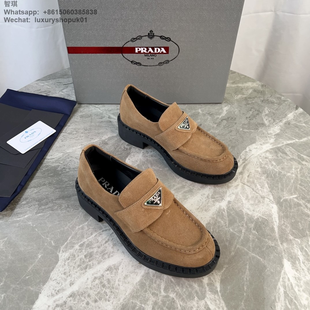 Prada Triangle-Logo Suede Leather Loafers Mens Women Shoes Flats