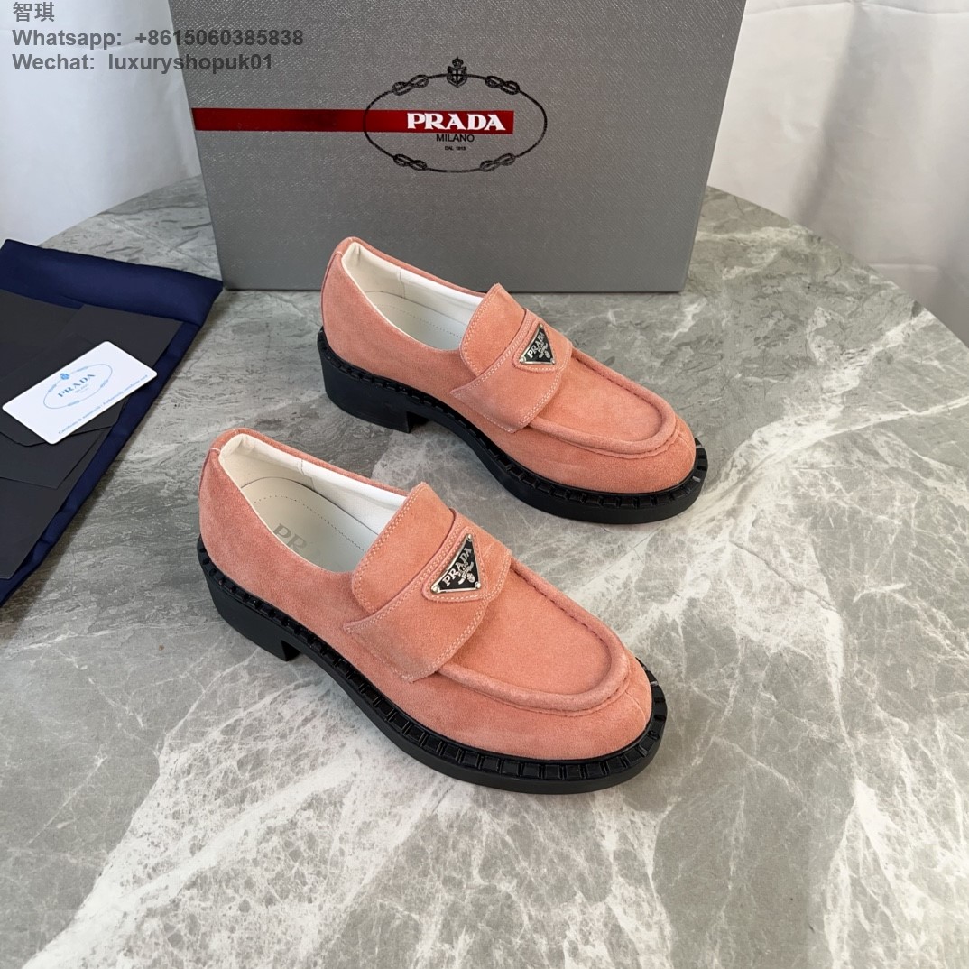 Prada Triangle-Logo Suede Leather Loafers Mens Women Shoes Flats