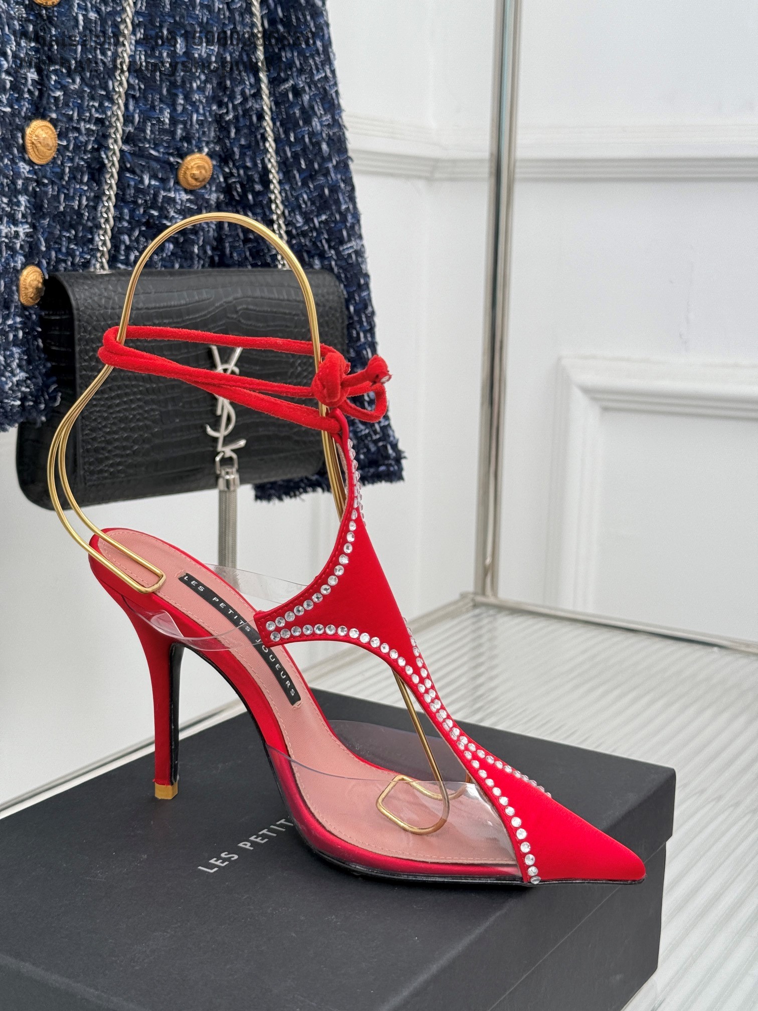 LES PETITS JOUEURS Virgo Paneled satin PVC Pointed toe Wraparound ankle strap stiletto heels Sandal