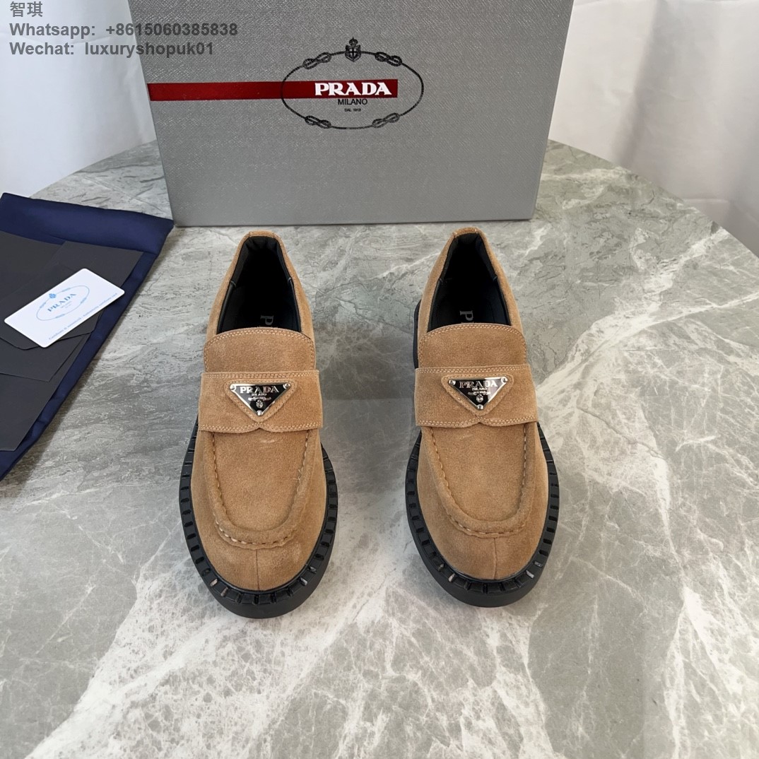 Prada Triangle-Logo Suede Leather Loafers Mens Women Shoes Flats