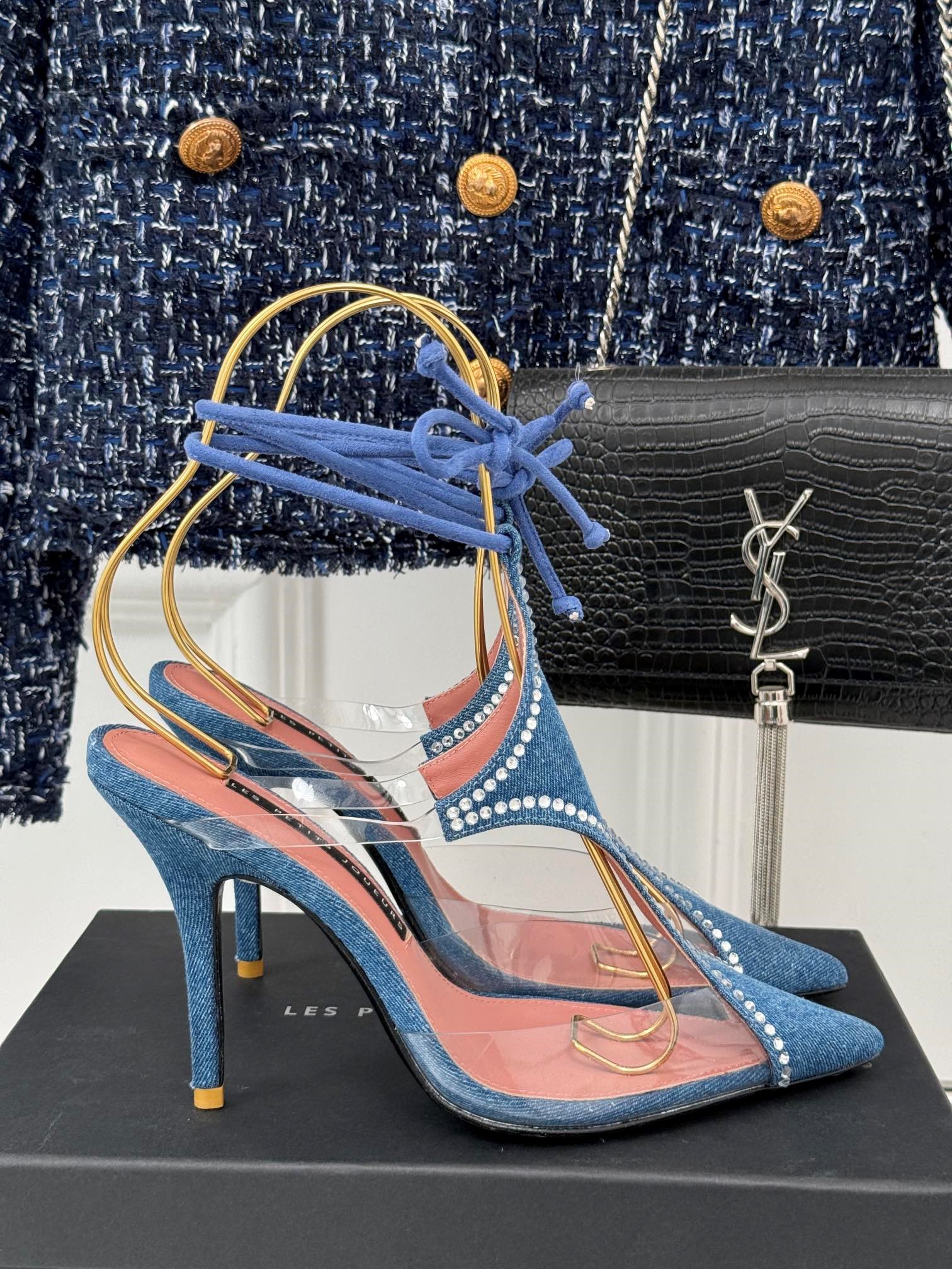 LES PETITS JOUEURS Virgo Paneled satin PVC Pointed toe Wraparound ankle strap stiletto heels Sandal