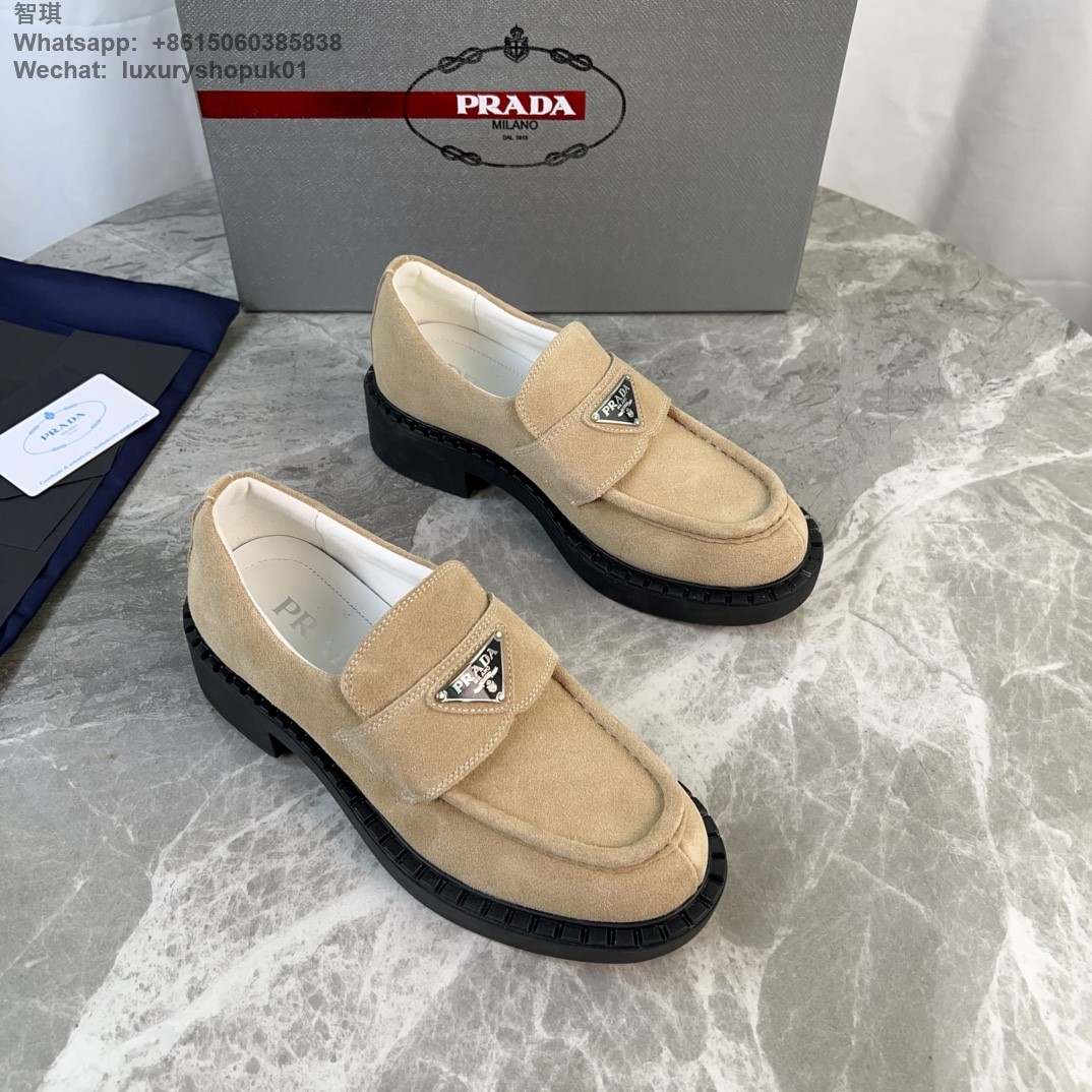 Prada Triangle-Logo Suede Leather Loafers Mens Women Shoes Flats