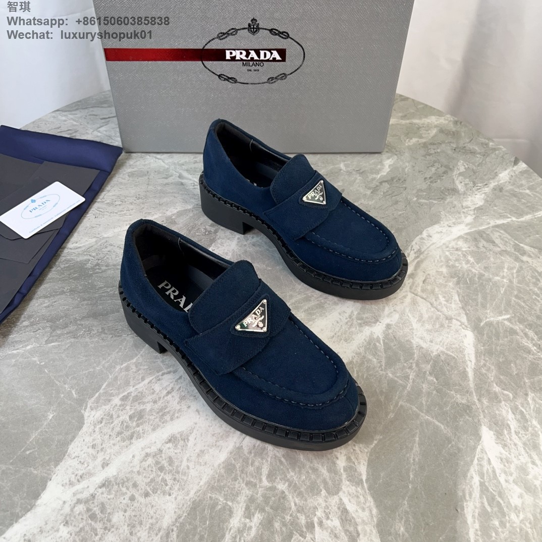 Prada Triangle-Logo Suede Leather Loafers Mens Women Shoes Flats
