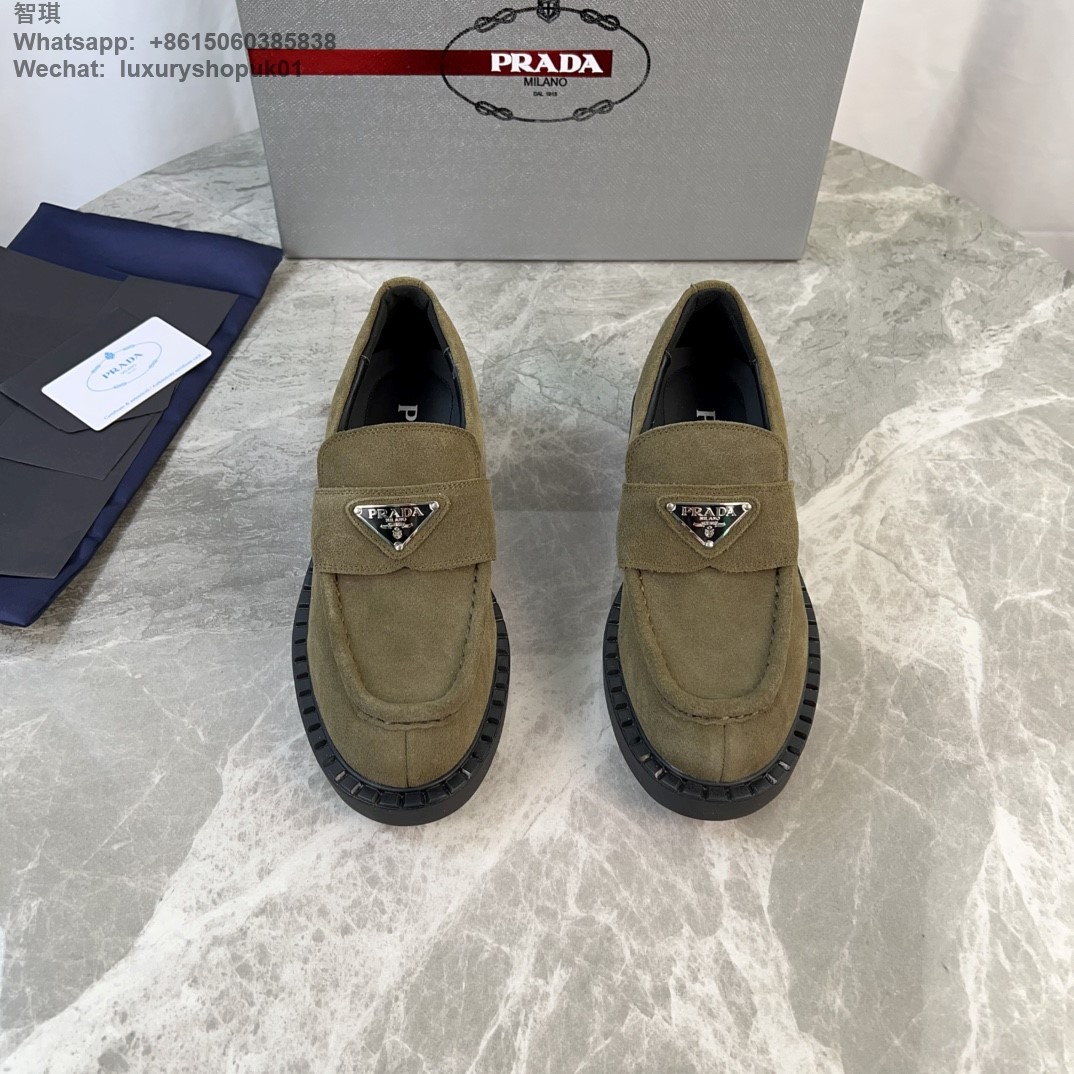 Prada Triangle-Logo Suede Leather Loafers Mens Women Shoes Flats