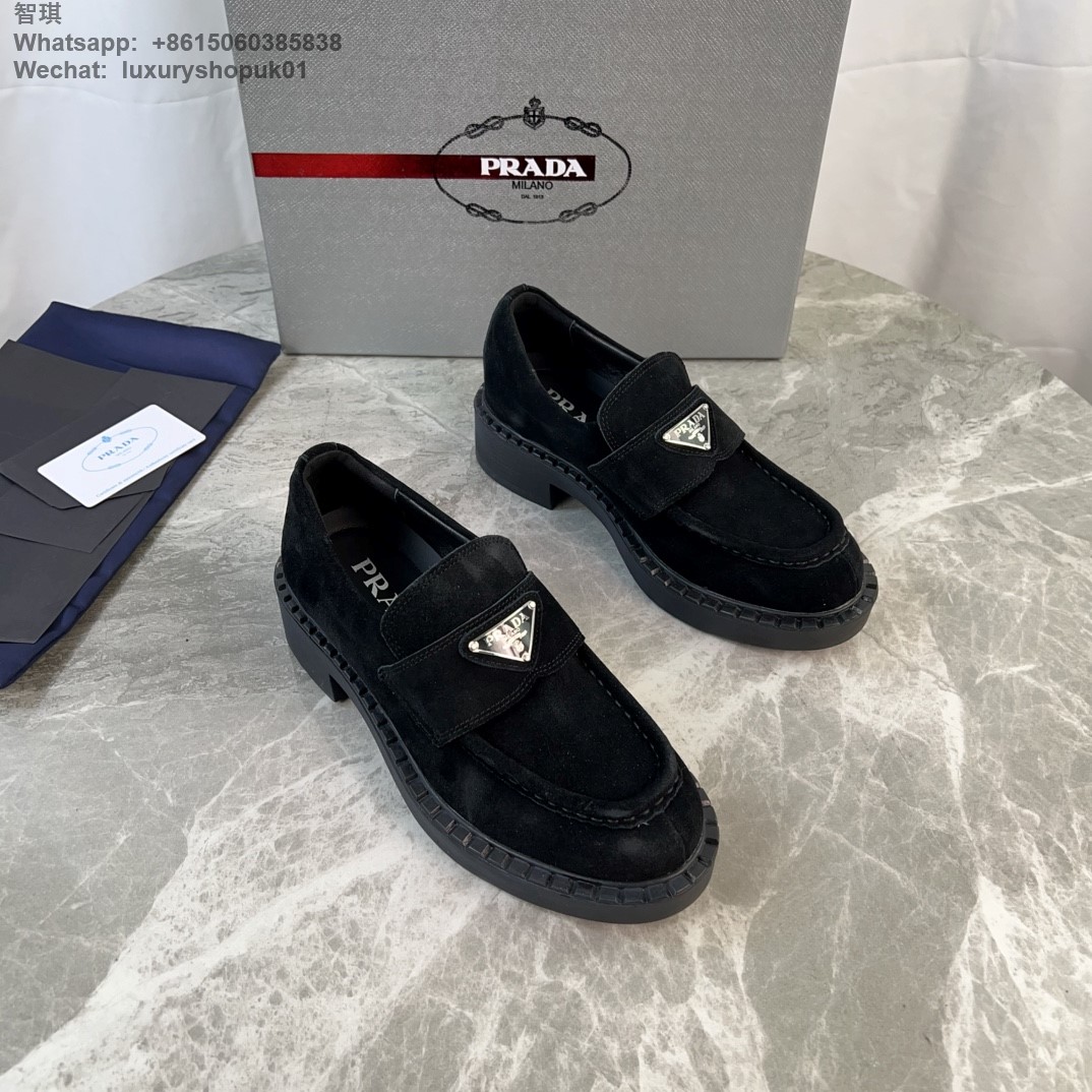 Prada Triangle-Logo Suede Leather Loafers Mens Women Shoes Flats