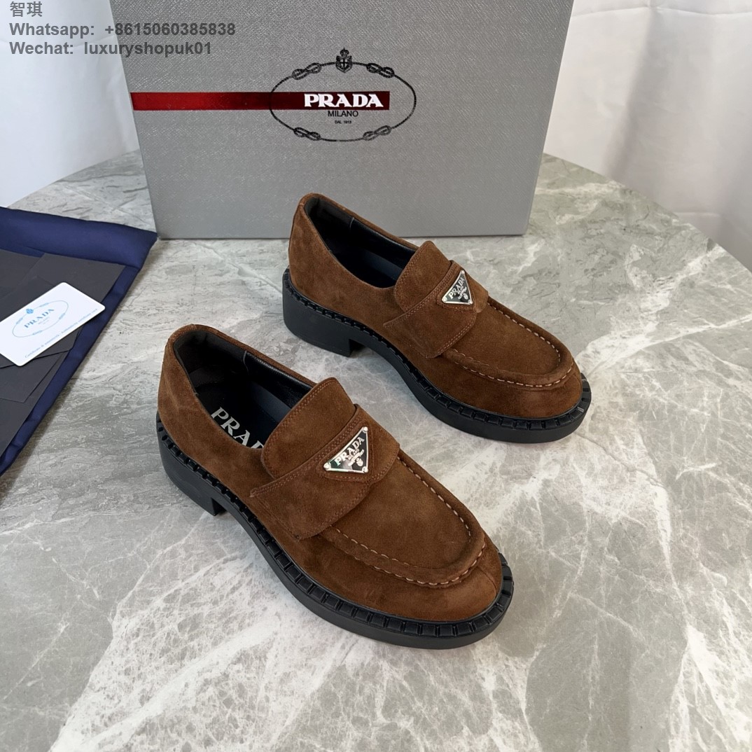 Prada Triangle-Logo Suede Leather Loafers Mens Women Shoes Flats