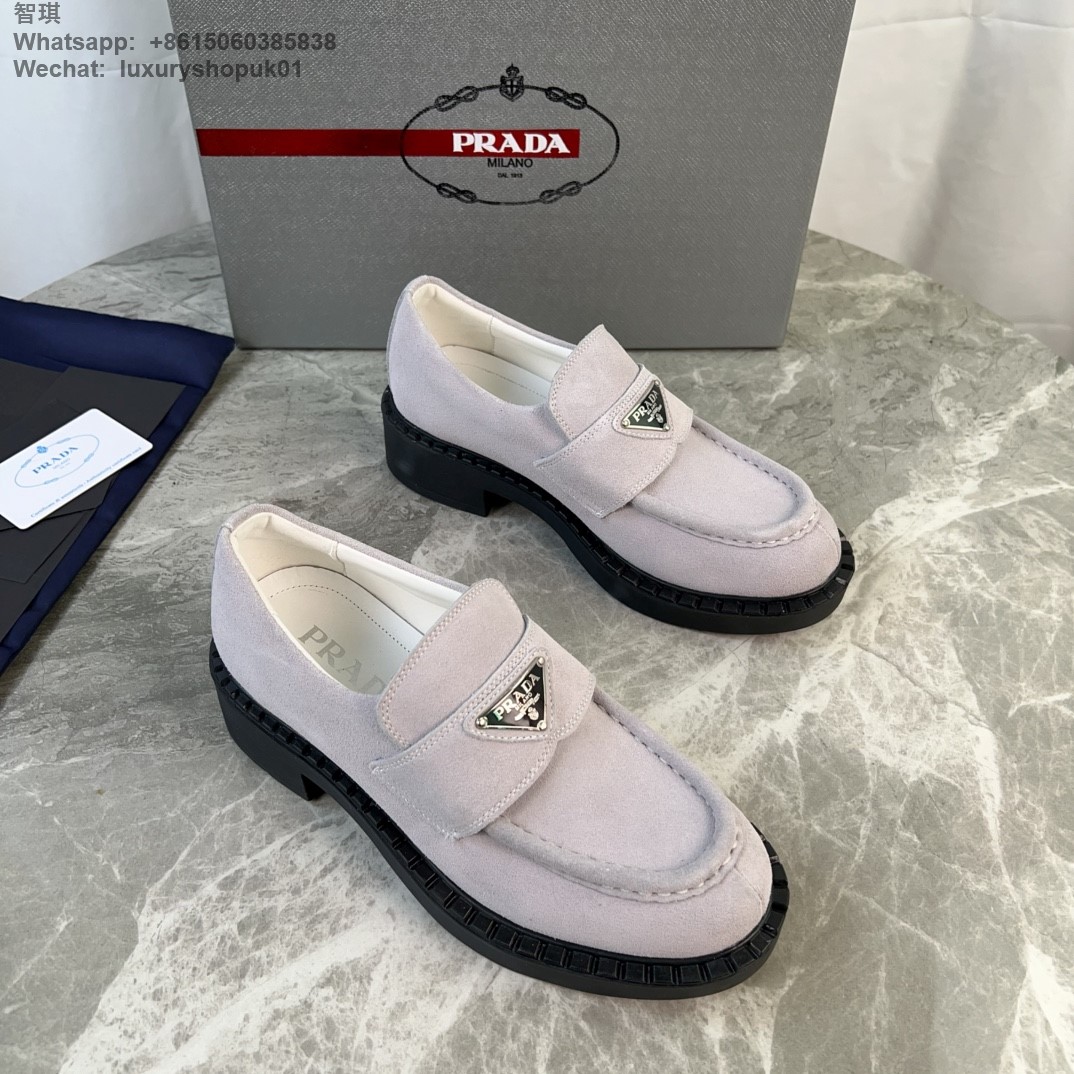 Prada Triangle-Logo Suede Leather Loafers Mens Women Shoes Flats