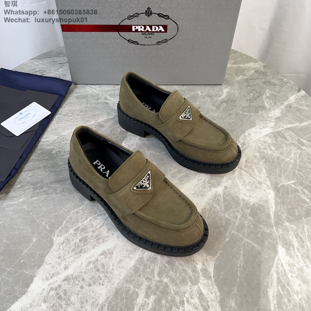 Prada Triangle-Logo Suede Leather Loafers Mens Women Shoes Flats