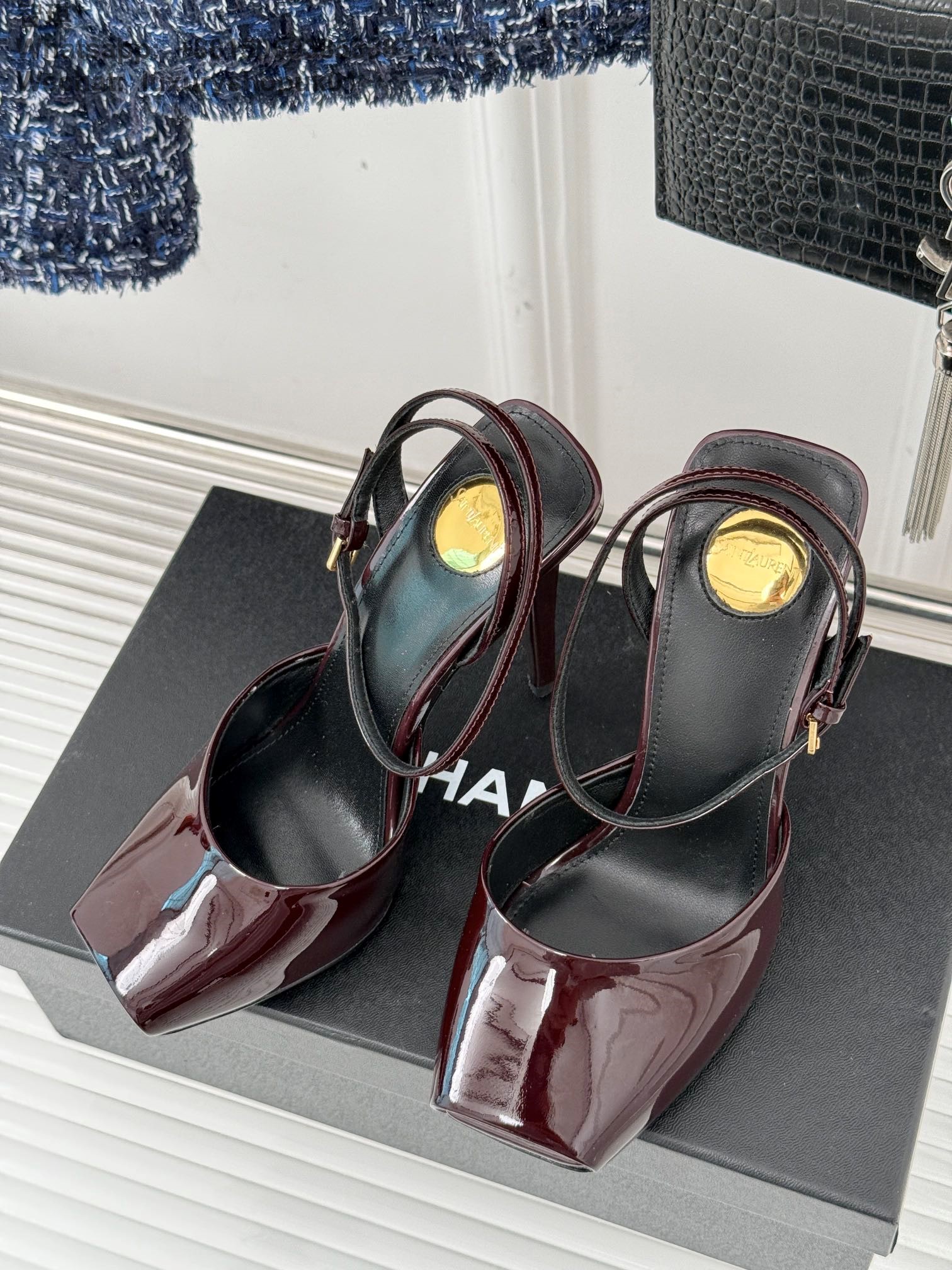 Saint Laurent Women La Scandale Ankle strap Sandals Patent Leather Shoes YSL