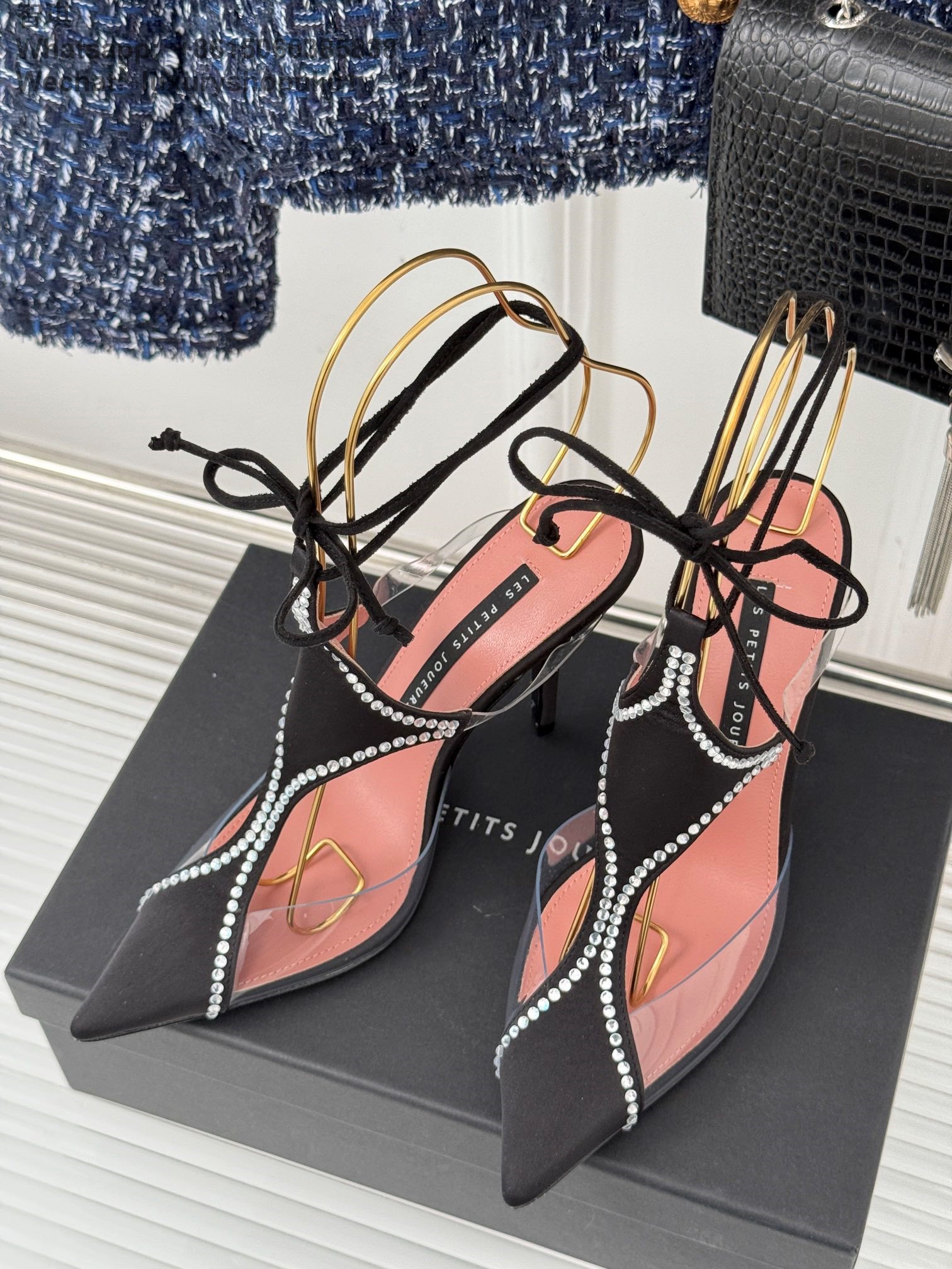 LES PETITS JOUEURS Virgo Paneled satin PVC Pointed toe Wraparound ankle strap stiletto heels Sandal