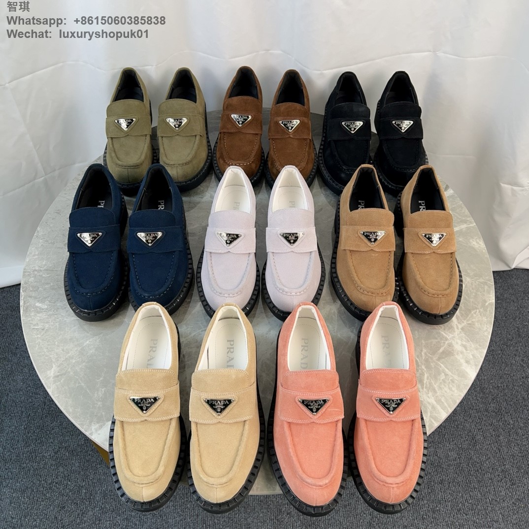 Prada Triangle-Logo Suede Leather Loafers Mens Women Shoes Flats