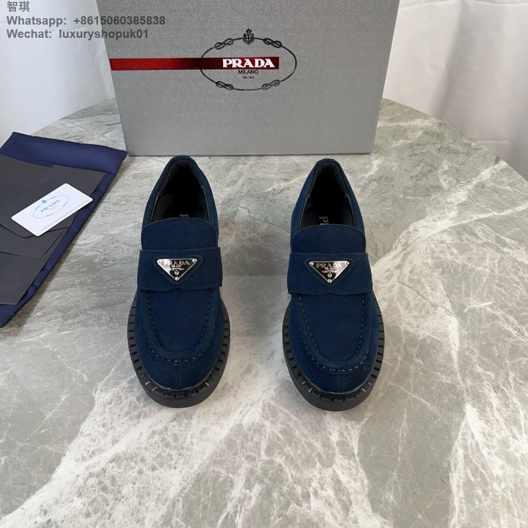 Prada Triangle-Logo Suede Leather Loafers Mens Women Shoes Flats