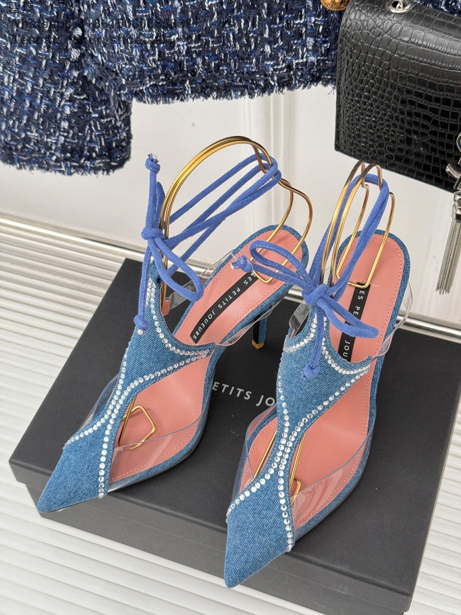 LES PETITS JOUEURS Virgo Paneled satin PVC Pointed toe Wraparound ankle strap stiletto heels Sandal