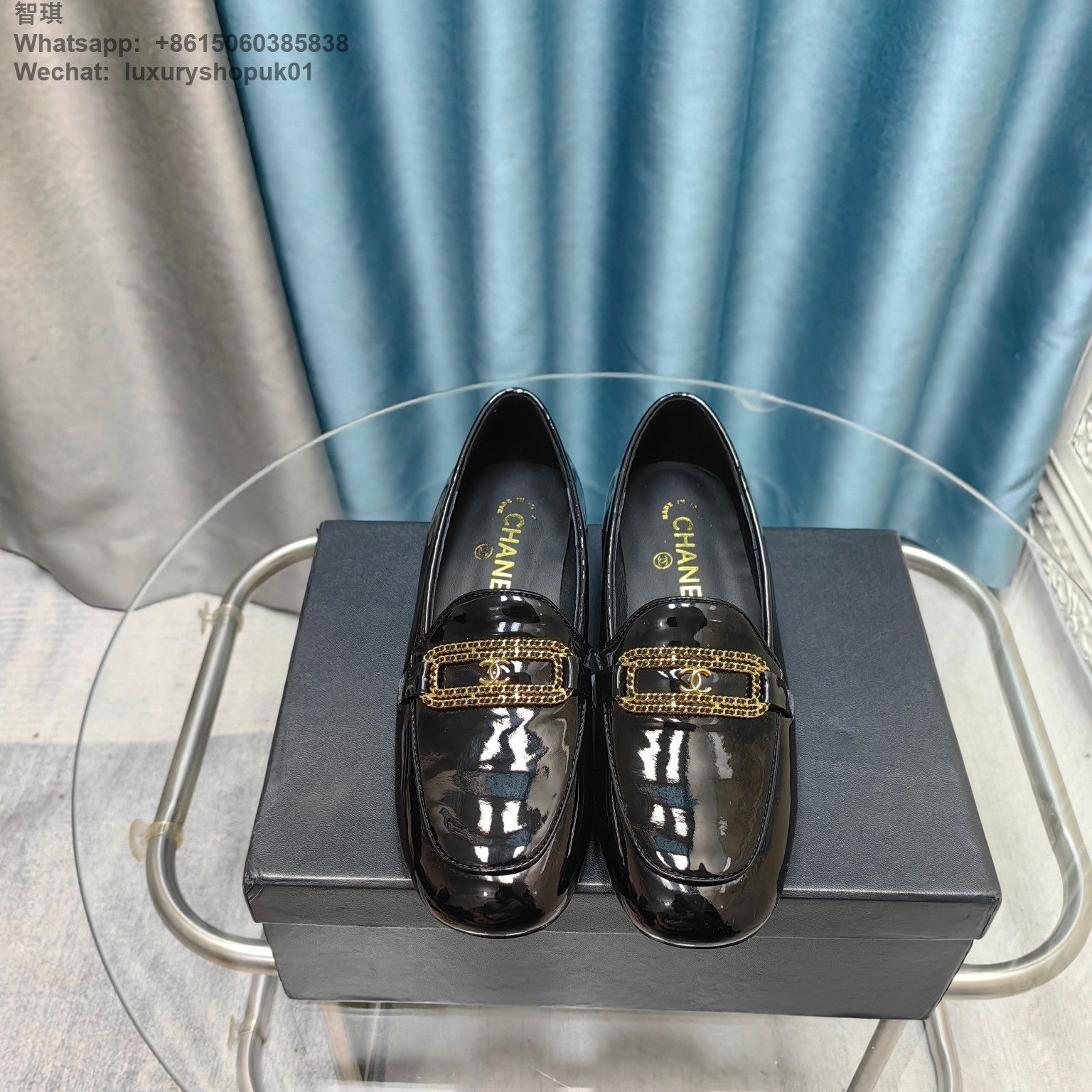 Women Chanel Chain Loafers Patent Leather CC Logo Flats Shoes