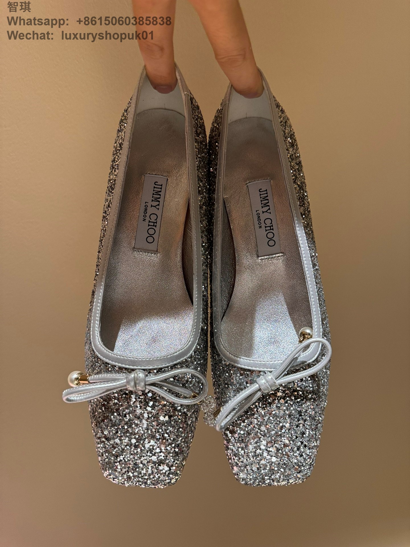 Jimmy Choo Elme Leather Bow Ballerina Pumps Women Shoes glitter