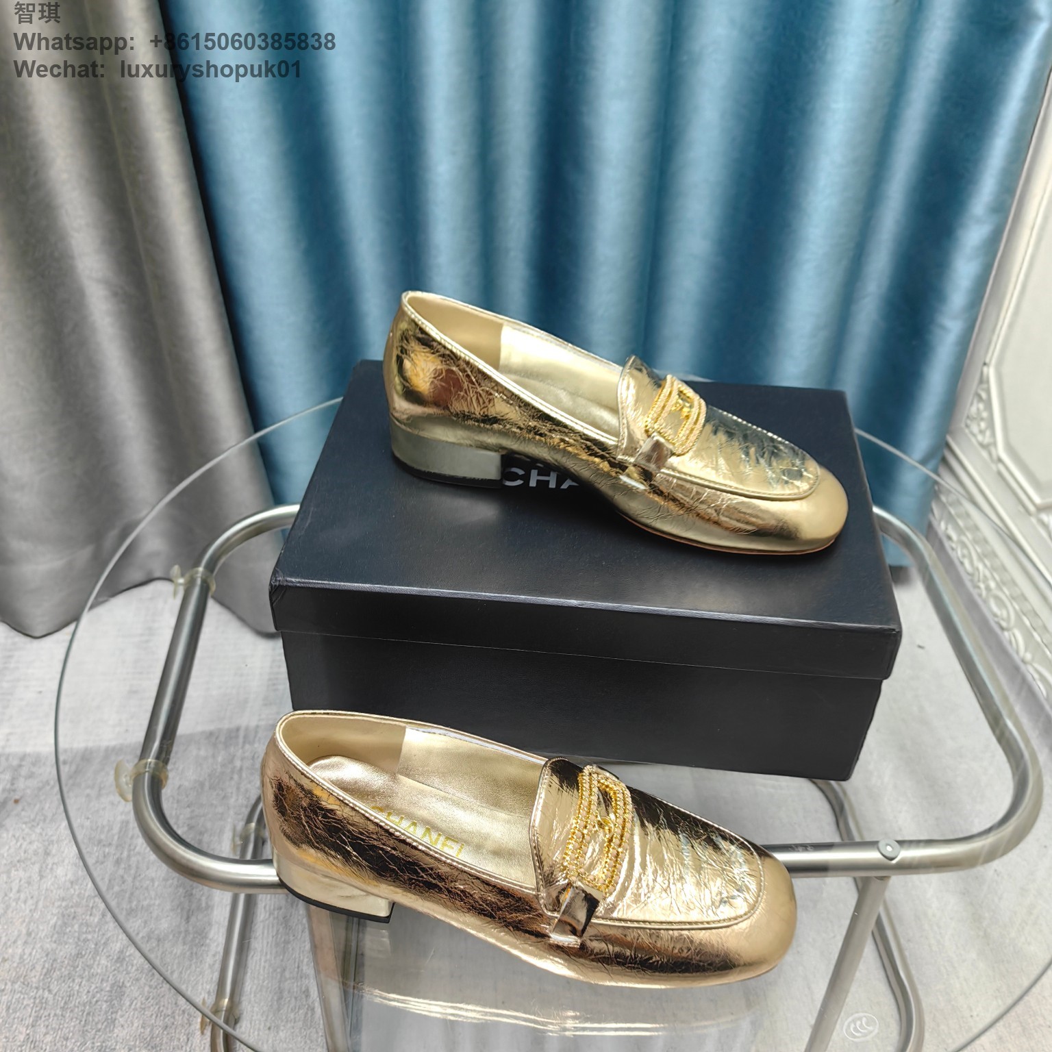 Women Chanel Chain Loafers Patent Leather CC Logo Flats Shoes