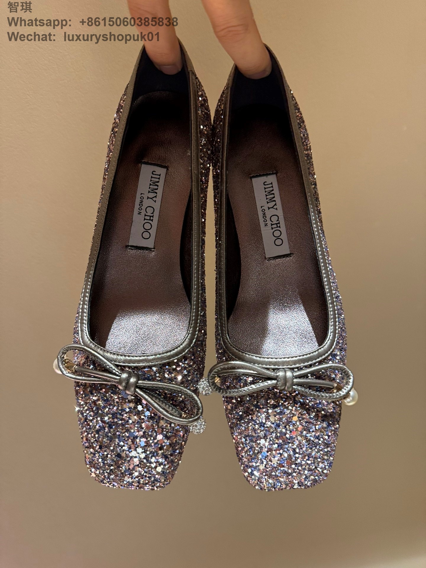 Jimmy Choo Elme Leather Bow Ballerina Pumps Women Shoes glitter