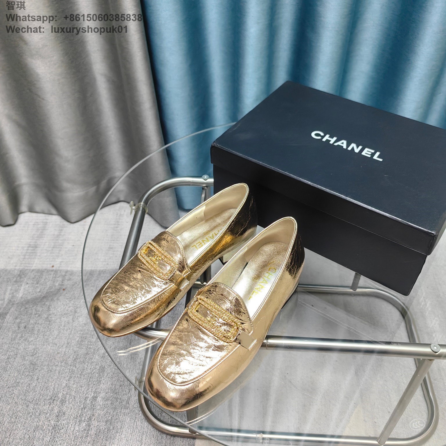 Women Chanel Chain Loafers Patent Leather CC Logo Flats Shoes