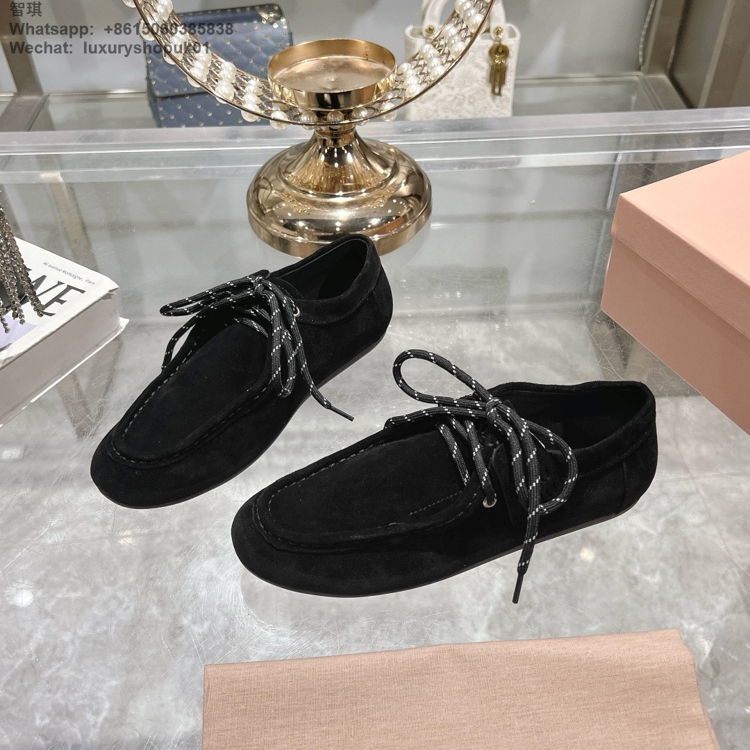 Miu Miu logo-embossed suede loafers tie-detailing round toe Women flat shoes