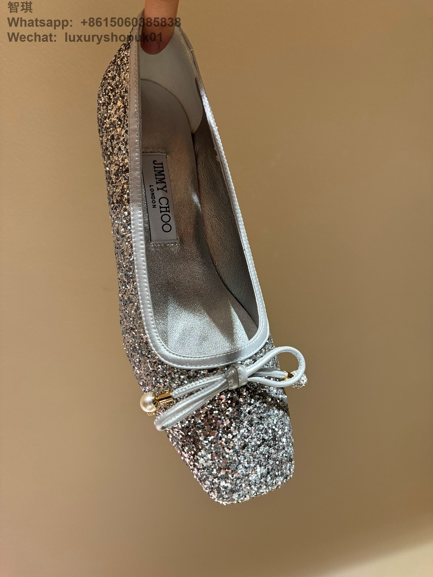 Jimmy Choo Elme Leather Bow Ballerina Pumps Women Shoes glitter