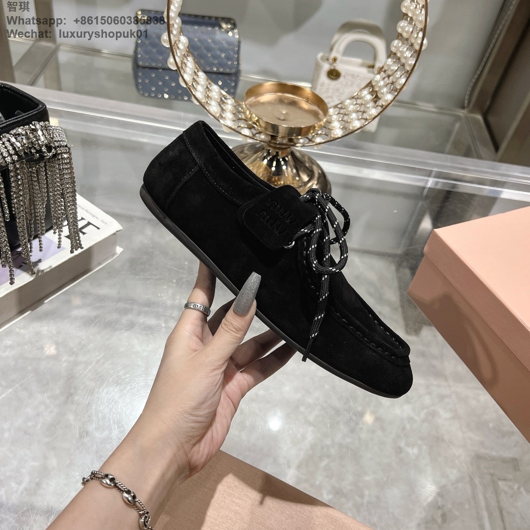 Miu Miu logo-embossed suede loafers tie-detailing round toe Women flat shoes