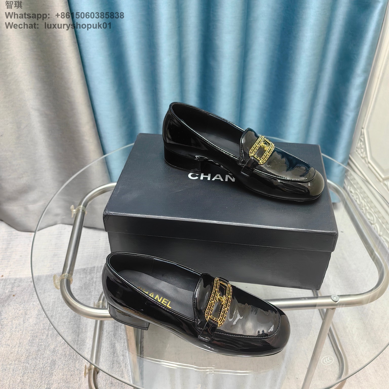 Women Chanel Chain Loafers Patent Leather CC Logo Flats Shoes