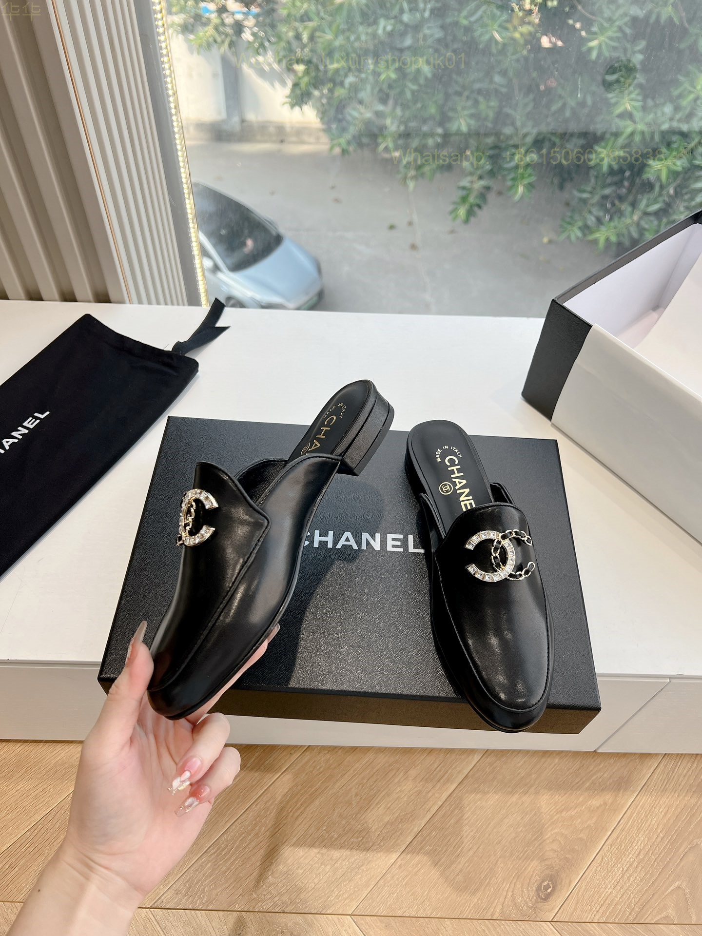 Chanel CC Logo Leather Slip On Slippers Slide Sandals