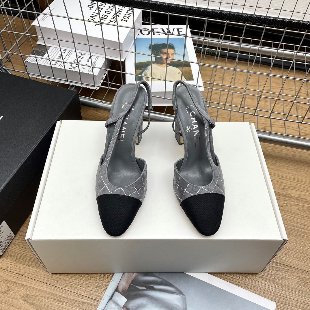 Women Chanel CC Logo Crystal suede Slingbacks Pumps Heels Shoes