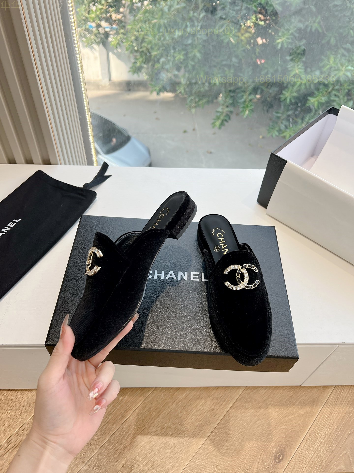 Chanel CC Logo Velvet Slip On Slippers Slide Sandals