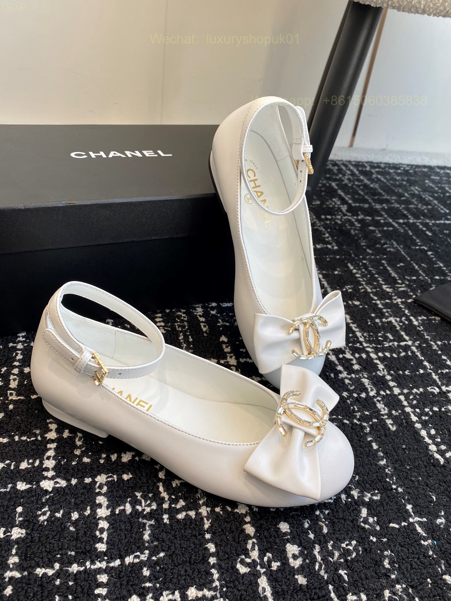Women Chanel CC Logo Leather Bow Ankle strap Ballet Flat Shoes