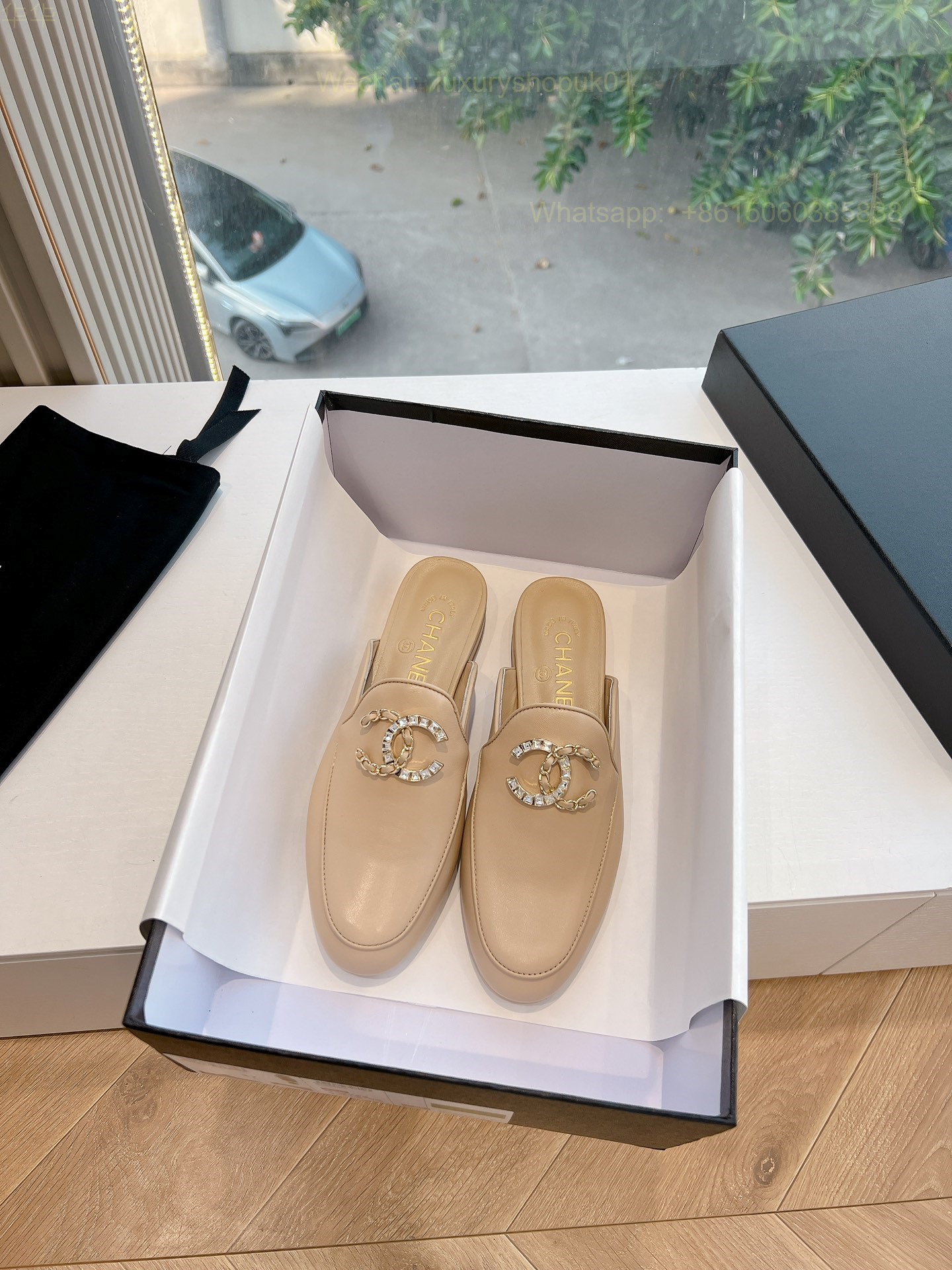 Chanel CC Logo Leather Slip On Slippers Slide Sandals