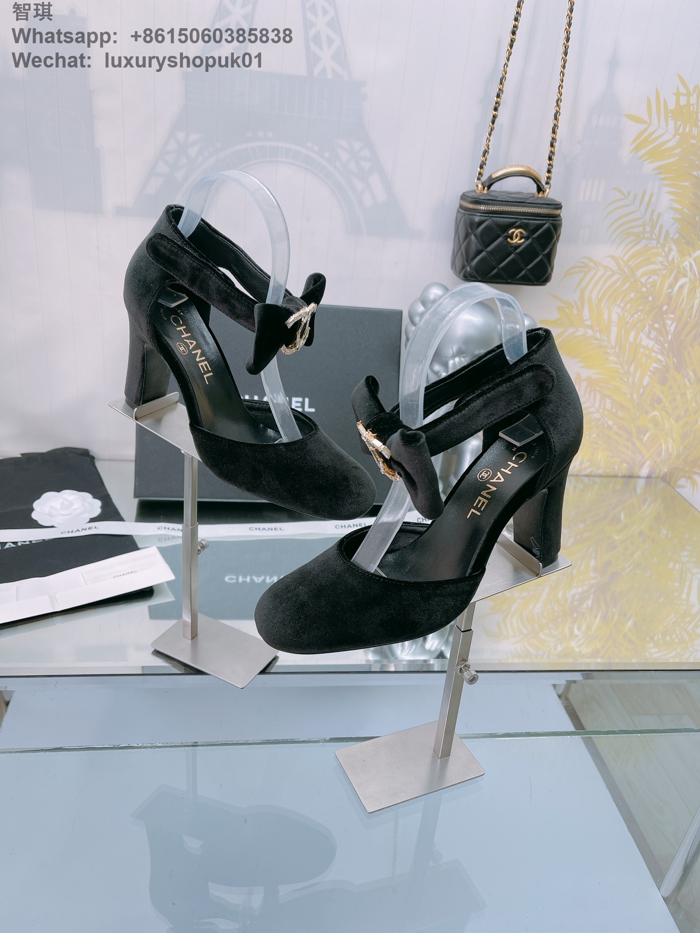 Chanel Velvet Strap Heels CC Logo Bow Pumps Women Shoes