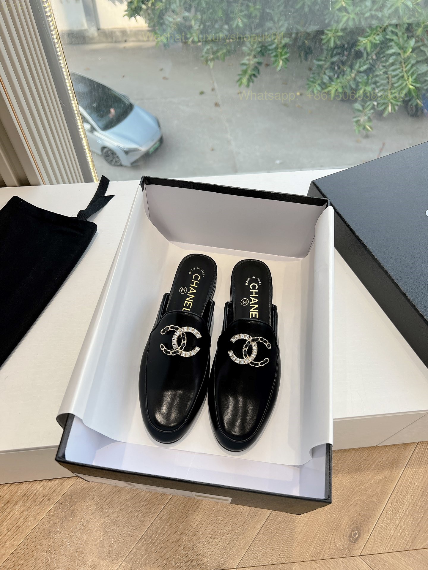 Chanel CC Logo Leather Slip On Slippers Slide Sandals