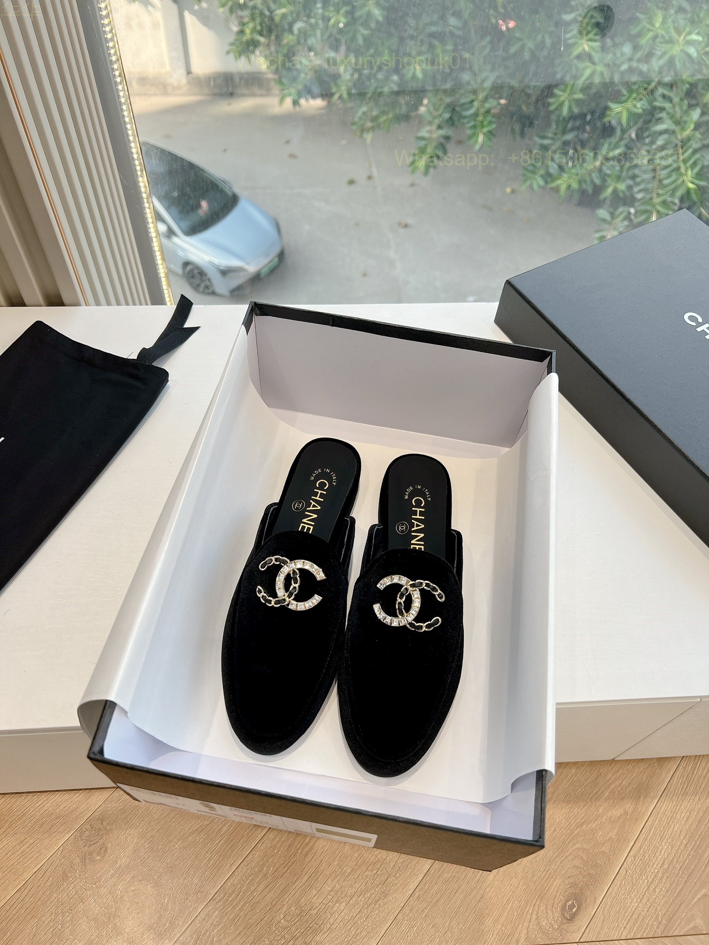 Chanel CC Logo Velvet Slip On Slippers Slide Sandals