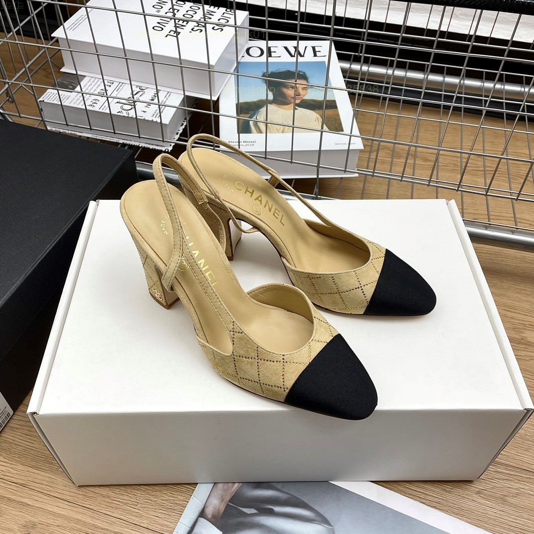 Women Chanel CC Logo crystal suede Slingbacks Pumps Heels Shoes