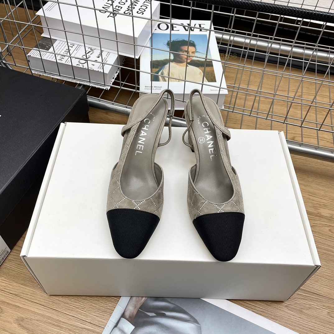Women Chanel CC Logo crystal suede Slingbacks Pumps Heels Shoes